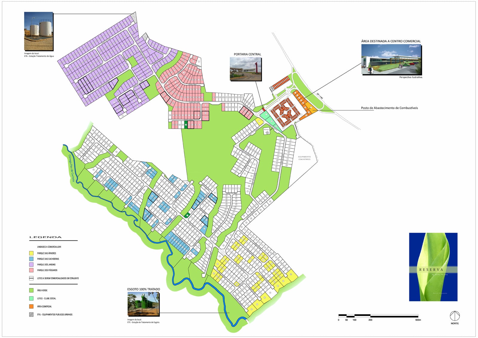 Planta geral do Condomínio Residencial Santa Monica DF com os lotes numerados por setor, áreas verdes, clube social, portaria e área comercial