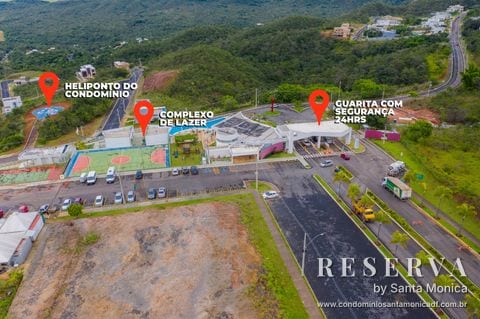 Vista aérea com heliponto, clube e guarita do Condomínio Santa Monica DF